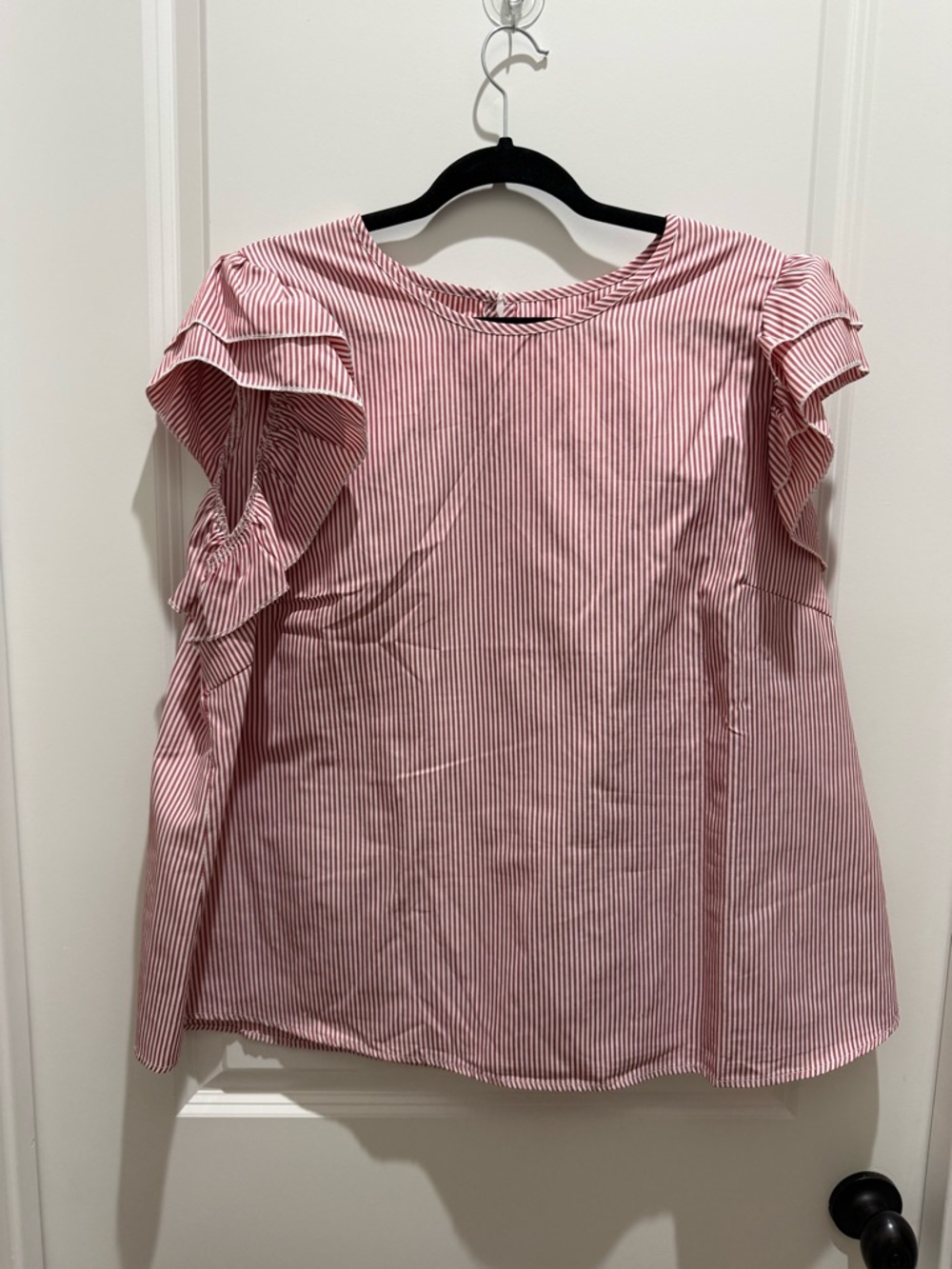 SHEIN Pink and White Striped Ruffle Sleeve Blouse